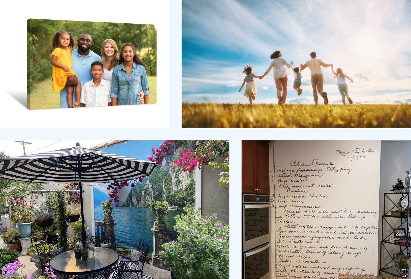 collage of custom wall murals and custom canvas prints